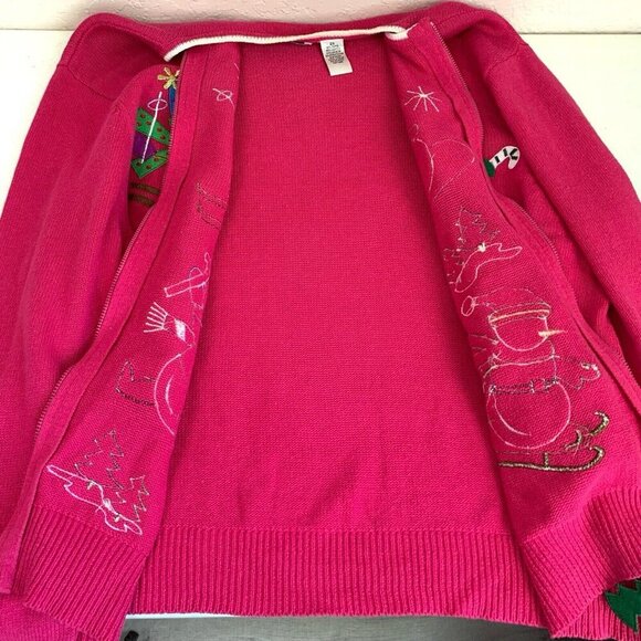 Snowman Christmas Winter Cardigan Womens 2XL Pink Zip Close Appliqué Whimsical - Picture 9 of 14